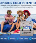 Beach scene with people enjoying drinks next to a cooler containing Performance Reusable Ice Packs For Lunch Boxes Lunch Bags And Coolers Four Pack Keeps Your Food Cold For Up To Twelve Hours Perfect For Camping Outdoors And Beach Trips.
