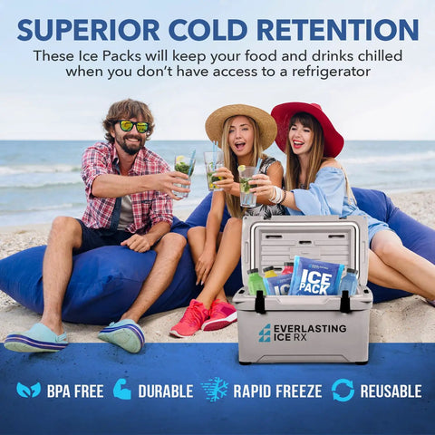 Beach scene with people enjoying drinks next to a cooler containing Performance Reusable Ice Packs For Lunch Boxes Lunch Bags And Coolers Four Pack Keeps Your Food Cold For Up To Twelve Hours Perfect For Camping Outdoors And Beach Trips.
