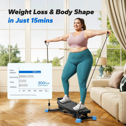 Durable Balance Board With Pro Strength Resistance Bands Home Cardio Stepper Trains Glutes And Thighs Burns Calories Fast in use indoors.