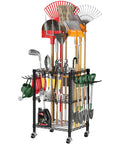 T1 Garden Tool Organizer With Lockable Wheels Heavy Duty Garage Storage For Yard Shed Outdoor And Lawn Freestanding Tool Organizer Stores Up To 50 Tools Black With Anti Tip Device, fully loaded with various gardening tools, on wheels with locks.