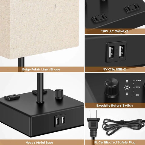 Fully Dimmable USB Bedside Lamps Set of 2 With Dual USB Ports and 2 AC Outlets, fabric shade, rotary switch, metal base details
