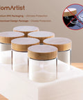 4 Pack 10oz Glass Meal Prep Jars With Bamboo Lids displayed in protective packaging
