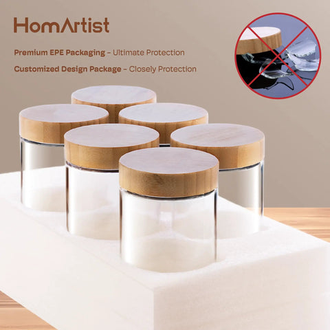 4 Pack 10oz Glass Meal Prep Jars With Bamboo Lids displayed in protective packaging