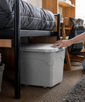 Heavy Duty Stackable Storage Totes With Secure Hinged Lids And Smooth Rolling Casters Plus Reinforced Side Handles For Clutter Free Closet Organization And Dorm Spaces under a bed