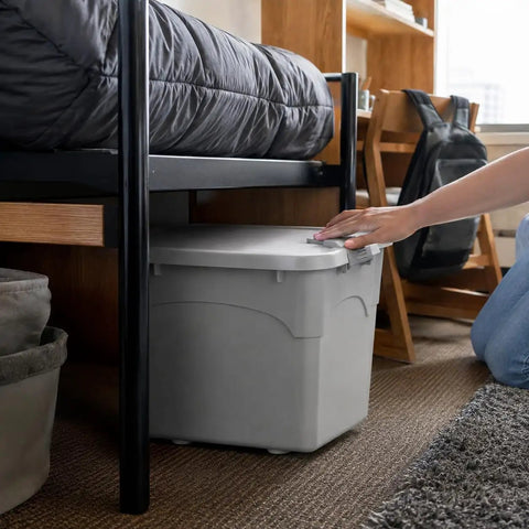 Heavy Duty Stackable Storage Totes With Secure Hinged Lids And Smooth Rolling Casters Plus Reinforced Side Handles For Clutter Free Closet Organization And Dorm Spaces under a bed