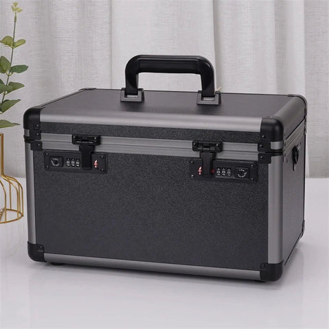 Lightweight Aluminum Toolbox With Dual Password Lock Portable Organizer For Tools Crafts And Hobby Gear Built To Last And Easy To Carry Corrosion Resistant Metal Storage For Your Home Workshop On The Go on a table
