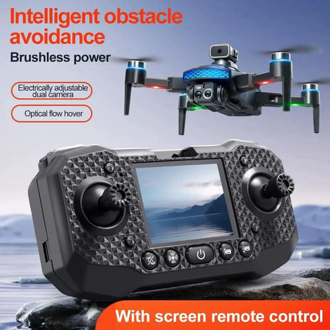 Dope Dual Camera Drone With Built In LCD Remote Screen For 8K Aerial Photography showcasing remote control and drone in flight