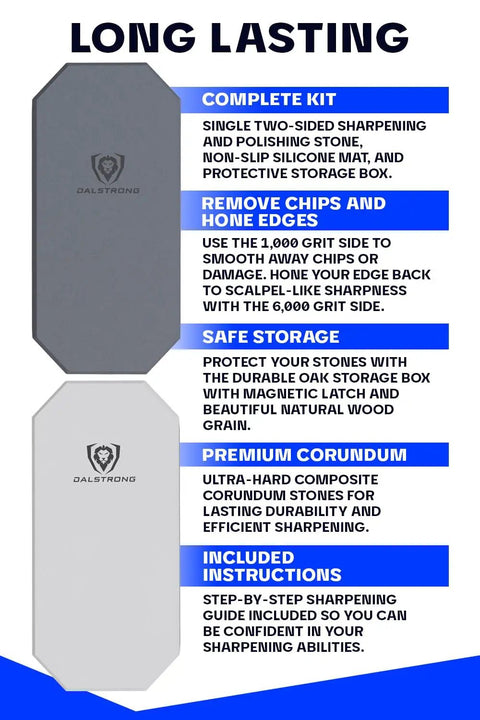 Product description featuring All In One Knife Sharpening Kit With Dual Grit 1000 6000 Whetstones Extra Thick Corundum Stones
