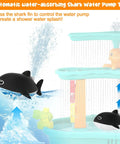 Automatic water-absorbing shark water table pump toy creating a water splash in a kids' toy water table setup.