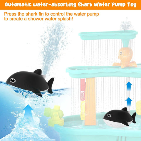 Automatic water-absorbing shark water table pump toy creating a water splash in a kids' toy water table setup.