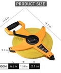 Heavy Duty Fiberglass Tape Measure 330 Feet 100 Meters Open Reel in yellow casing shown with dimension details