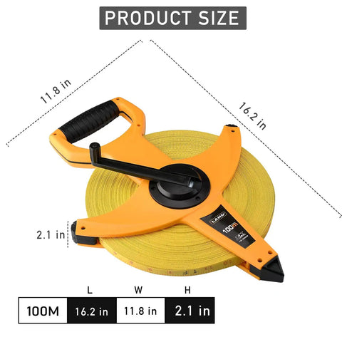 Heavy Duty Fiberglass Tape Measure 330 Feet 100 Meters Open Reel in yellow casing shown with dimension details