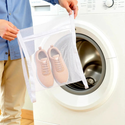 Large Shoe Dryer Bag For Sneakers With Zipper And Strap 15.7x15.7 Inch Wash Dry Net Laundry Bag Durable Polyester in front of washer