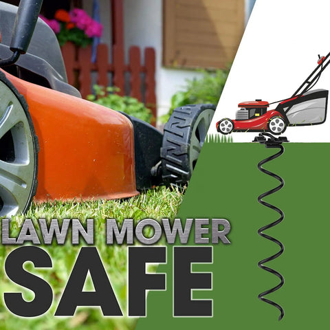 Four Piece Spiral Stakes Beefy Heavy Duty Ice Screw Anchors lawn mower safety illustration.