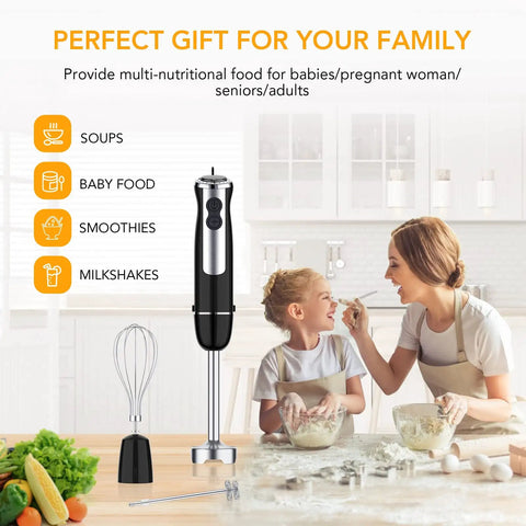 No Sweat 5 In 1 Handheld Blender Featuring 800W Copper Motor And 12 Speed Turbo Mode with whisk, measuring beaker, and chopper in kitchen.