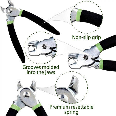 Close-up of All In One 270 Piece Hog Ring Pliers Kit With Galvanized Rings, showing non-slip grip, grooves, and spring.