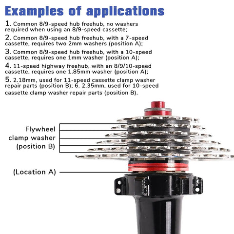 14 Piece Bicycle Cassette Spacer Washer Set Dialed In With Seven Thickness Options 1.0 1.5 1.85 2.0 2.18 2.35 2.50 Mm For 7, 8, 9, 10, 11 Speed Flywheel Hub Spacers showing application on a hub