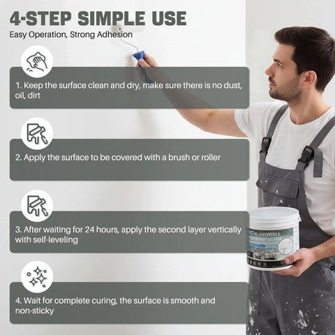 Man applying Rock Solid Waterproof Sealant 70 Oz Crystal Clear Leak Stopping Coating Kit with a roller on a wall.