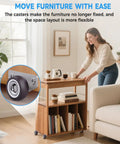 Woman using movable wooden cart with 1.25 Inch Side Mount Caster Wheels Set Of 2 Low Profile Mini Casters in living room.