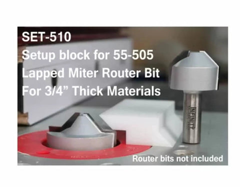 Setup Block For 55-505 Lapped Miter Router Bit Set Three Quarters Inch Material shown with router bits