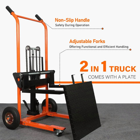 Compact Hydraulic Stackers For Tight Aisles, 440 Lbs Capacity Manual Pallet Jack With 35.8 Inch Lift in orange finish