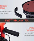 Close-up of detachable edge pad and optional side handle on 800W Electric Drywall Sander With Vacuum Attachment And Lights, Dust Collector, Six Speed Control 900 to 2000 RPM, Ergonomic Handles For Quick, Smooth Ceiling And Wall Refinishing.