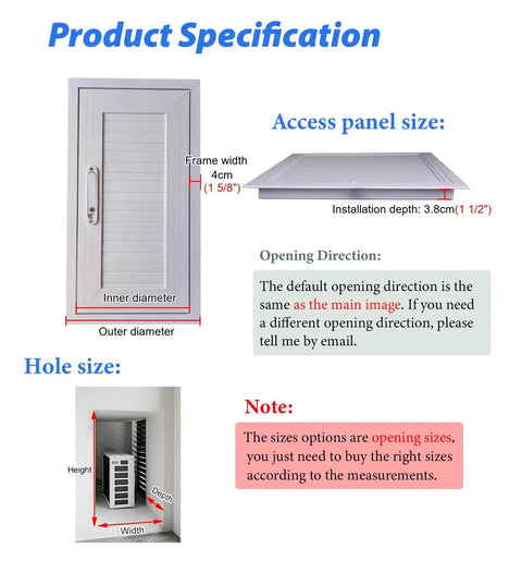 Badass Aluminum Access Panel Door For Drywall And Attics With Slick Hidden Design Honeycomb Core Waterproof Rust Proof Heat Insulated No Sweat Install For HVAC Ducts And Valves 26 By 56 Inches specifications showing size and installation details.