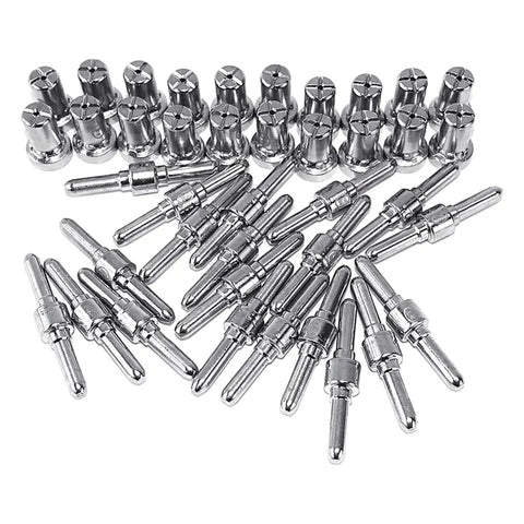 Upgrade Your Plasma Cutting Game With These Heavy Duty Extended Long Tip Electrodes And Nozzles For 40A PT31 LG40 Machines. Silver copper plasma cutting nozzles and electrodes arranged in a pile.