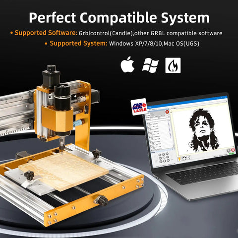 Ultra CNC Router Machine With 500W Spindle, All Metal 3 Axis Engraver next to a laptop showing GRBL software interface.