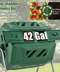 Front view of Dual Chamber 43 Gallon Outdoor Compost Tumbler with Sliding Doors and Included Gloves, Rotating Bin for Batch Composting