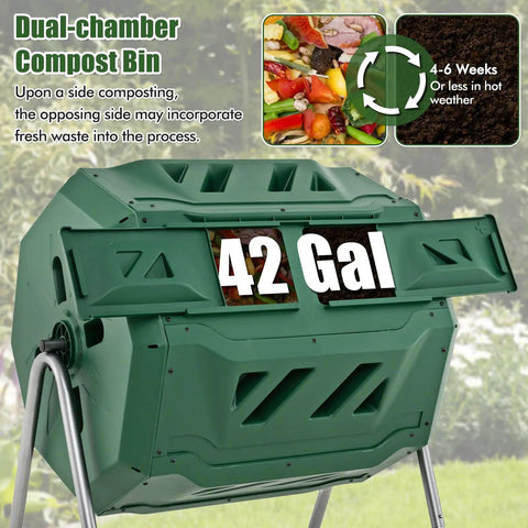 Front view of Dual Chamber 43 Gallon Outdoor Compost Tumbler with Sliding Doors and Included Gloves, Rotating Bin for Batch Composting