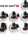 Diagram showing steps to use the Disc Brake Pad Gap Regulator And Rotor Truing Fork For Bikes in a sequence with visible bike disc alignment tool.