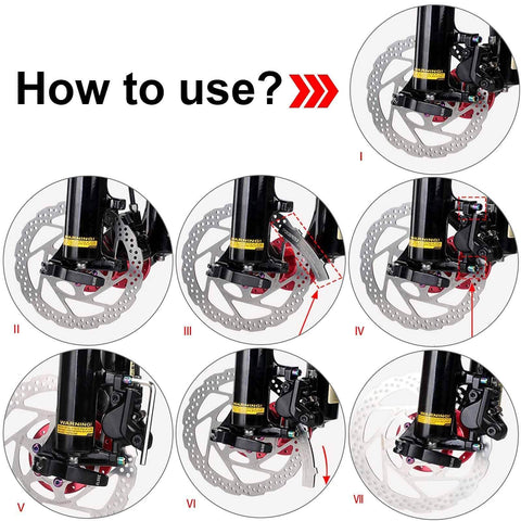 Diagram showing steps to use the Disc Brake Pad Gap Regulator And Rotor Truing Fork For Bikes in a sequence with visible bike disc alignment tool.