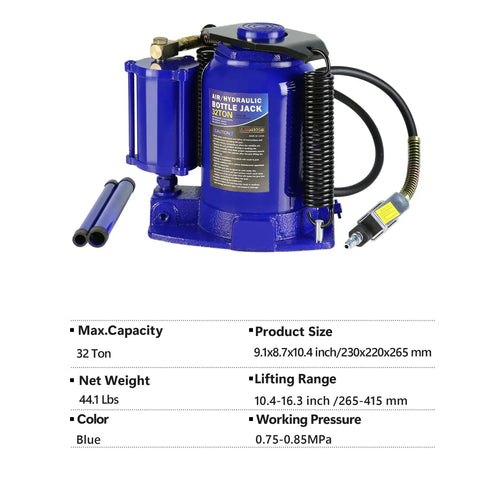 32 Ton Hydraulic Bottle Jack Manual Lift Tool For Auto, Truck, And RV Repair Beefy Heavy Duty Bottle Jack For Cars, SUVs, Trailers, Buses, And Industrial Equipment Blue, 10.4-16.3 in