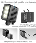 Rechargeable Underwater Video Light 450 Lumens For GoPro And Osmo Action with CNC aluminum shell, battery, and Type-C port