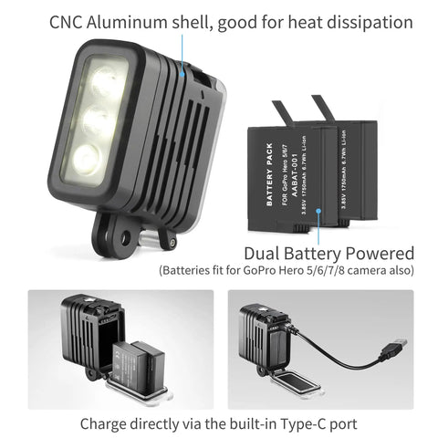 Rechargeable Underwater Video Light 450 Lumens For GoPro And Osmo Action with CNC aluminum shell, battery, and Type-C port