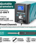 Pro Grade Hot Air Rework Station With Tiltable Display For Micro Soldering And SMD Repair, Three Preset Channels, Eight Interchangeable Nozzles, showing adjustable parameters and temperature range.