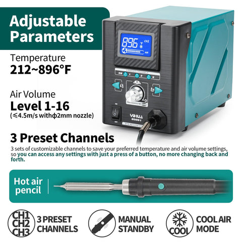 Pro Grade Hot Air Rework Station With Tiltable Display For Micro Soldering And SMD Repair, Three Preset Channels, Eight Interchangeable Nozzles, showing adjustable parameters and temperature range.
