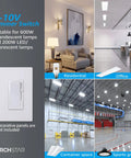 0-10V LED Dimmer Switch For Dimmable Panels And Linear Lighting, Single-Pole Or 3-Way, 120-277V, ETL Listed, Smooth Flicker Free Dimming, Wide Compatibility With LED And Incandescent, Pack Of 2 displayed in various settings.
