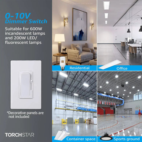 0-10V LED Dimmer Switch For Dimmable Panels And Linear Lighting, Single-Pole Or 3-Way, 120-277V, ETL Listed, Smooth Flicker Free Dimming, Wide Compatibility With LED And Incandescent, Pack Of 2 displayed in various settings.