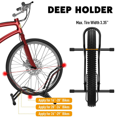 Freestanding Bike Floor Stand For Indoor And Outdoor Use, Adjustable 16 To 29 Inch Wheel Width, No Clamps, No Brackets, No Lifting