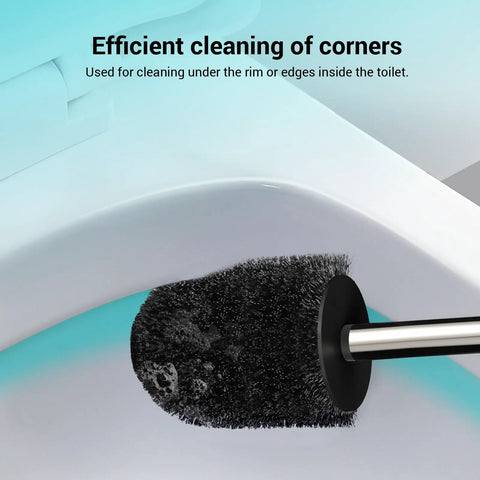 Compact Toilet Brush With Stainless Steel Handle And Hidden Base cleaning under rim of a toilet, black bristles, close-up view.
