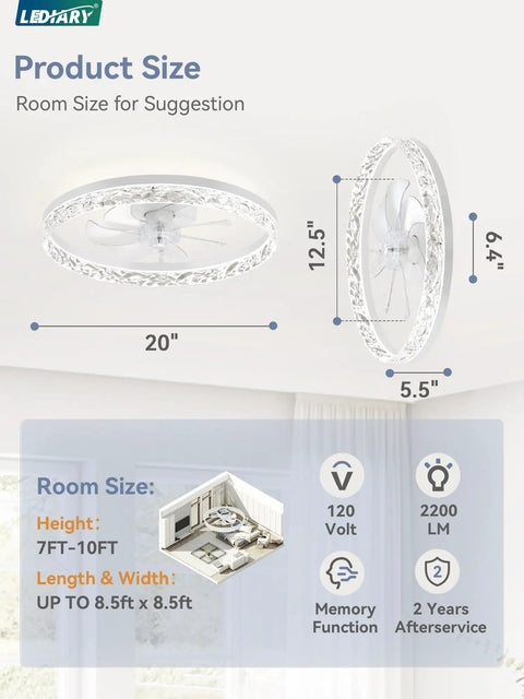 Top Tier 20 Inch Modern Ceiling Fan With Integrated LED Lights And Smart Remote App Control, displaying size and room suggestions.