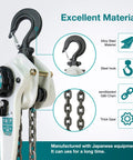 TOYO lever chain hoist, 3500 lb capacity, 20 ft, white housing, alloy steel G80 chain, two heavy-duty hooks, side view