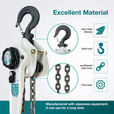 TOYO lever chain hoist, 3500 lb capacity, 20 ft, white housing, alloy steel G80 chain, two heavy-duty hooks, side view