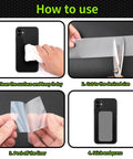 Steps to apply Non Slip Rubber Grip Tape With Enhanced Texture For A Secure Hold And Friction on a smartphone back, showing cleaning, cutting, peeling, and sticking process.