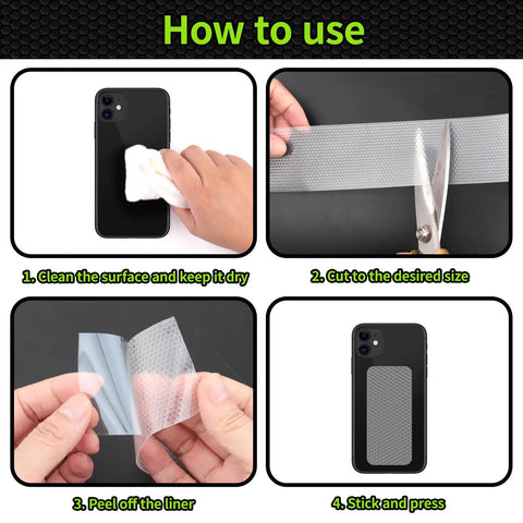 Steps to apply Non Slip Rubber Grip Tape With Enhanced Texture For A Secure Hold And Friction on a smartphone back, showing cleaning, cutting, peeling, and sticking process.