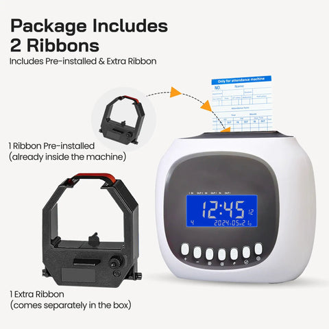 Time Clock Punch System With Passcode And Auto Align Printing includes two ink ribbons, one pre-installed and one extra.