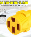 50 Amp NEMA 14-50R 4 prong female receptacle view, Heavy Duty Nema L6-30P To 14-50R EV Charging Adapter Converts Your 30 Amp Generator Locking Plug Into A 50 RV Outlet For No Sweat EV Camping Backup Power Setup.
