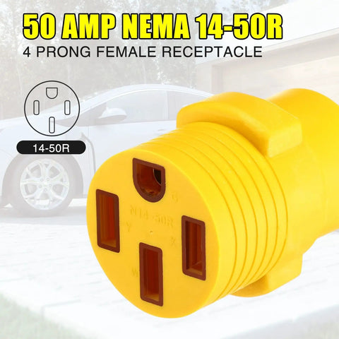 50 Amp NEMA 14-50R 4 prong female receptacle view, Heavy Duty Nema L6-30P To 14-50R EV Charging Adapter Converts Your 30 Amp Generator Locking Plug Into A 50 RV Outlet For No Sweat EV Camping Backup Power Setup.